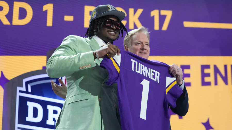 Reuters - Apr 25, 2024; Detroit, MI, USA; Alabama Crimson Tide linebacker Dallas Turner poses with NFL commissioner Roger Goodell after being selected by the Minnesota Vikings as the No. 17 pick in the first round of the 2024 NFL Draft at Campus Martius Park and Hart Plaza. Mandatory Credit: Kirby Lee-USA TODAY Sports