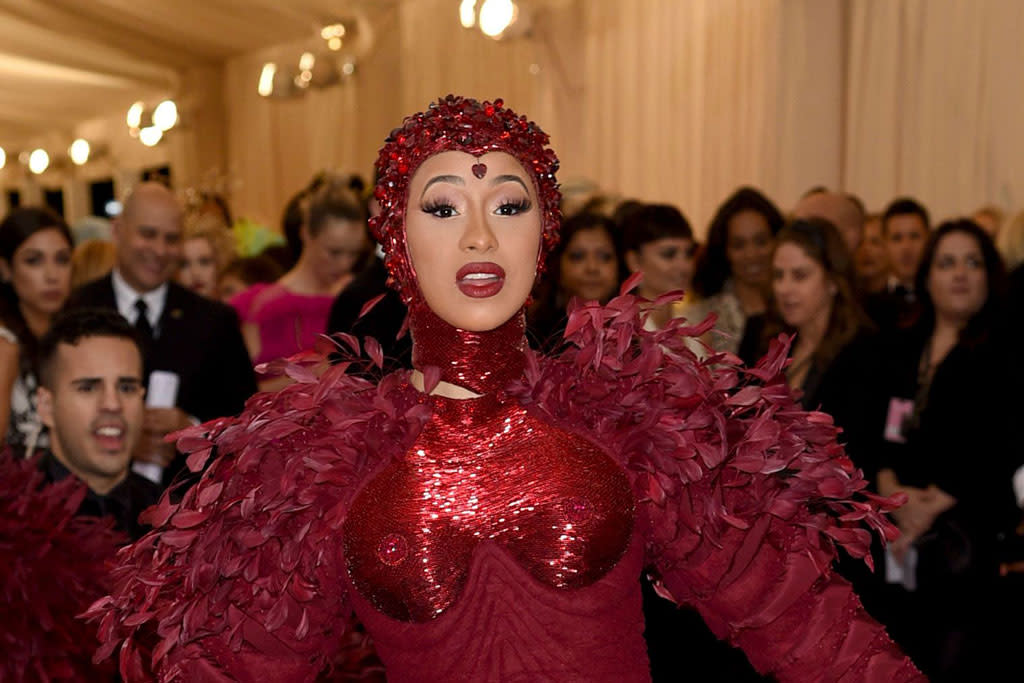 Cardi B’s Met Gala Dress Has a NeverEnding Train and Feathered Shoulders
