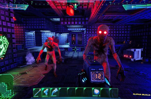 A screenshot from the video game remake of 'System Shock' showing two creatures approaching the FPS player.