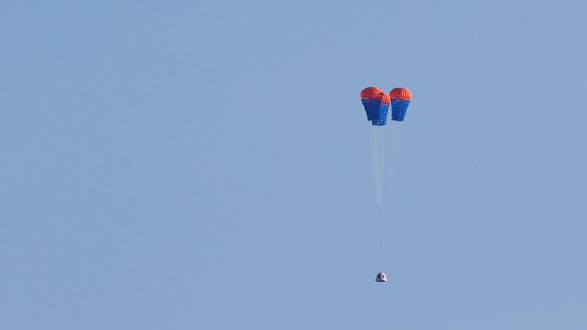 The space capsule of Blue Origin's rocket New Shepard, carrying six crew members, is seen before landing, on billionaire Jeff Bezos's company's fourth suborbital tourism flight, near Van Horn, Texas, U.S., March 31, 2022. REUTERS/Ivan Pierre Aguirre