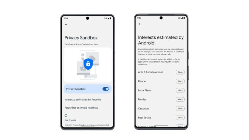 Two Android phones showing the settings screens for Privacy Sandbox. It includes settings to toggle it or block individual tracked topics.