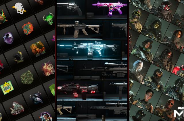 A collection of Call of Duty badges, weapons and characters.