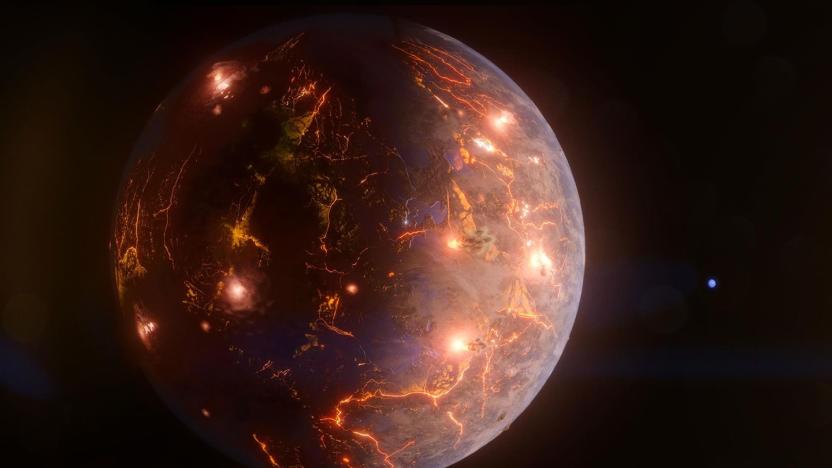 Artist rendering of LP 791-18 d, a planet blanketed by volcanoes.