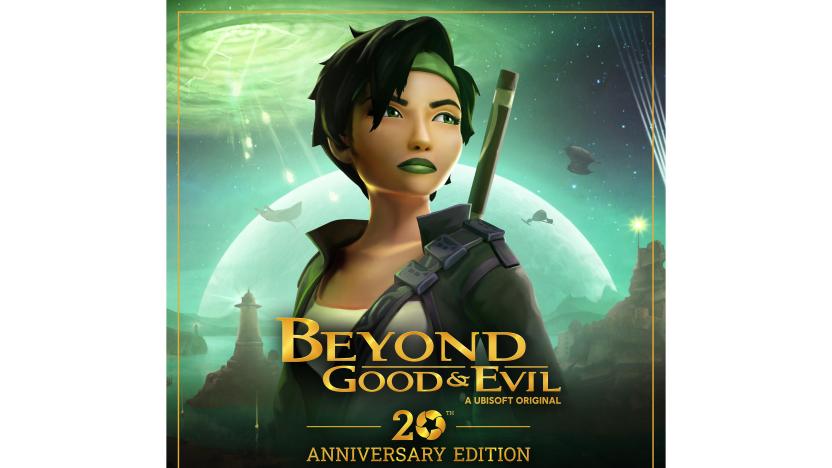 Game art for the Beyond Good & Evil 20th Anniversary Edition. The protagonist, Jade, stands in front of a fantastical background with planets, galaxies and strange terrain.