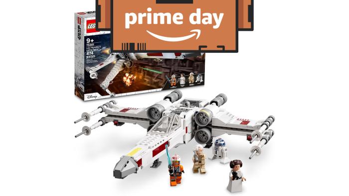 Lego Star Wars X-Wing kit with a Prime Day logo superimposed on top.