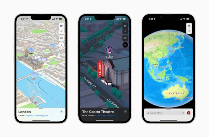 Apple'ın London Eye ve Westminster Sarayı'nı, San Francisco'daki Castro Tiyatrosu'nu ve bir dünya görüşünü gösteren haritalardaki 3D görünümünün ekran görüntüleri.