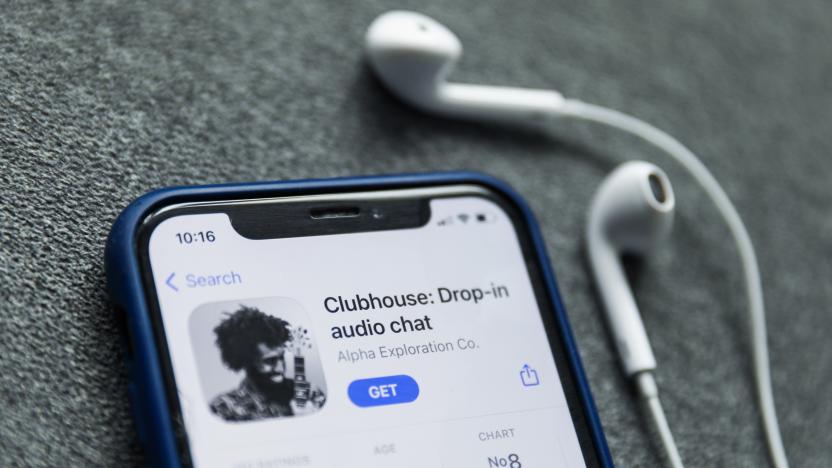 Clubhouse Drop-in audio chat app logo on the App Store is seen displayed on a phone screen in this illustration photo taken in Poland on February 3, 2021.  (Photo illustration by Jakub Porzycki/NurPhoto via Getty Images)