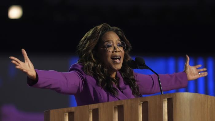 Oprah Winfrey speaks during the Democratic National Convention Wednesday, Aug. 21, 2024, in Chicago. (AP Photo/Erin Hooley)