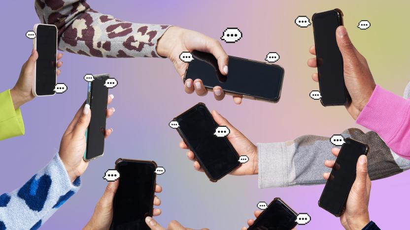 Hands holding smartphones with speech bubbles