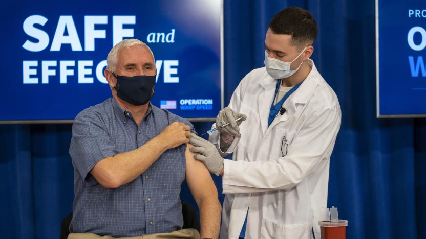 WASHINGTON, DC - DECEMBER 18: U.S. Vice President Mike Pence receives a COVID-19 vaccine to promote the safety and efficacy of the vaccine at the White House on December, 18, 2020 in Washington, DC.  (Photo by Doug Mills-Pool/Getty Images)