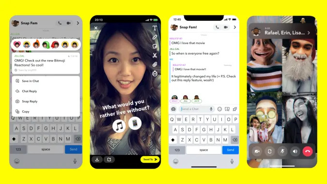 A series of Snapchat screenshots, showing new features like bitmoji replies, emoji-powered polls, threaded replies in chat and a refreshed interface for calls.