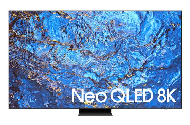 A large flatscreen with blue and gold swirls on it. 