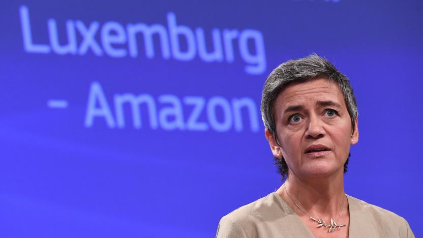 EU Commissioner for Competition Margrethe Vestager addresses a press conference on two state aid cases at the European Commission in Brussels on October 4, 2017. - The EU turned the screw on US tech giants on October 4, ordering Amazon to repay Luxembourg 250 million euros in back taxes and referring Ireland to the top EU court for failing to collect billions from Apple. (Photo by EMMANUEL DUNAND / AFP)        (Photo credit should read EMMANUEL DUNAND/AFP via Getty Images)