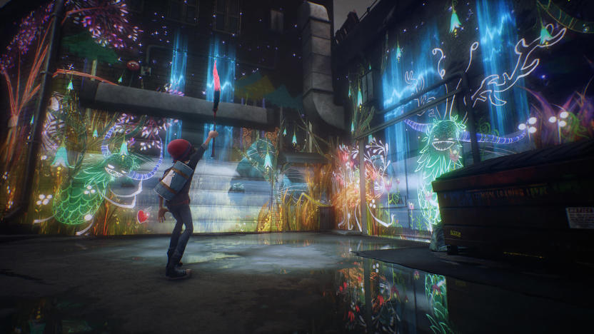 Screenshot of PlayStation game ‘Concrete Genie.’ A boy holds a magical brush high over his head. In the background, abandoned buildings with glowing neon street art.