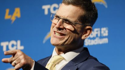 Getty Images - INGLEWOOD, CA - FEBRUARY 01: New Los Angeles Chargers Head Coach Jim Harbaugh speaks during his introductory press conference at YouTube Theater in Inglewood Thursday, Feb. 1, 2024. (Allen J. Schaben / Los Angeles Times via Getty Images)