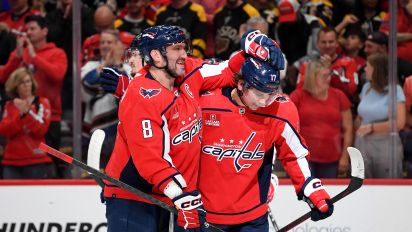 Getty Images - WASHINGTON, DC - APRIL 15: Capitals left wing Alexander Alex Ovechkin (8) and center Dylan Strome (17) celebrate after the Boston Bruins versus Washington Capitals National Hockey League game on April 15, 2024 at Capital One Arena in Washington, D.C.. (Photo by Randy Litzinger/Icon Sportswire via Getty Images)