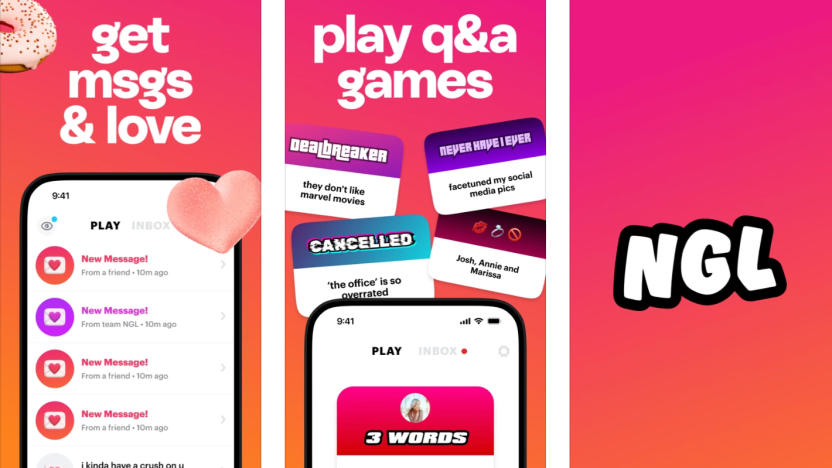 Three marketing panels for the NGL mobile app. Marketing copy ("get msgs & love," "play q&a games") with the NGL logo and splashy graphics in front of a red gradient background.