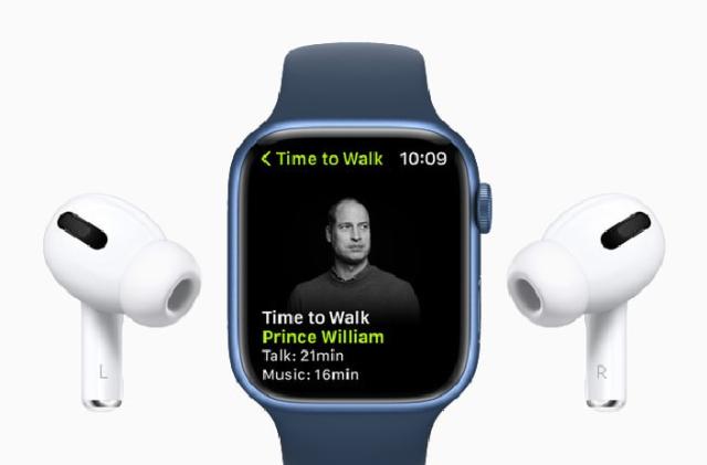 Prince William shown on an Apple Watch for his guest appearance on Apple Fitness+ series Time to Walk. The Watch has two AirPods at either side.