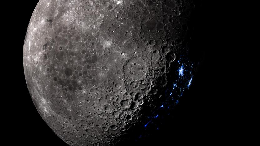 An image of the Moon with blue lights on the surface, as if to indicate a human presence.