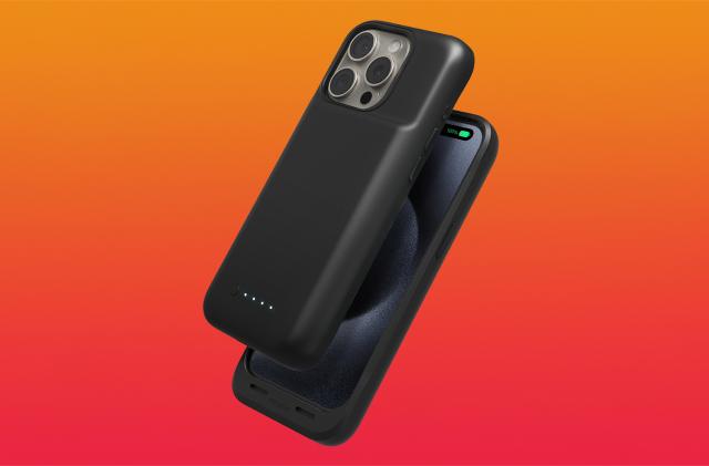 Product image of the Mophie Juice Pack (2024). The battery case houses an iPhone 15 in front of an orange-red gradient.