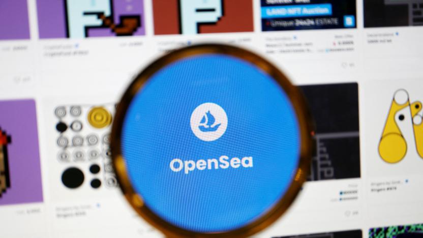 The logo of non-fungible token (NFT) marketplace OpenSea is seen through a magnifying glass amid NFT items displayed on its website, in this illustration picture taken February 28, 2022. REUTERS/Florence Lo/Illustration