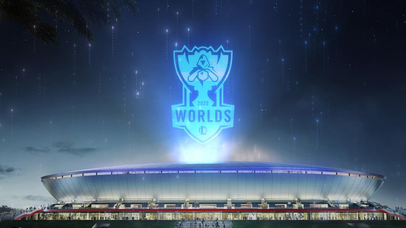 'League of Legends' World Championship 2020 logo above Pudong Soccer Stadium in Shanghai, China