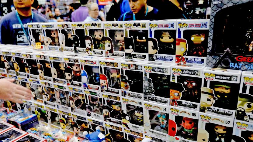 A crowded store display of Funko Pop! vinyl toys.