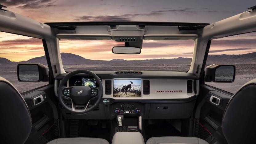  The instrument panel is inspired by the first-generation Bronco, with intuitive, clearly visible LED gauges and controls in this prototype version of the all-new 2021 Bronco four-door (not representative of production model). (Static display on private property with aftermarket accessories not available for sale.)