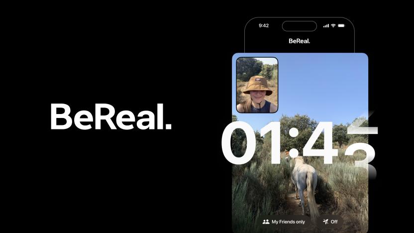 Marketing image for social app BeReal. Left: The app's name in front of a black background. Right: a sample of a share from the app, showing a person's selfie with the front camera and a horse walking along a trail with the rear cam.