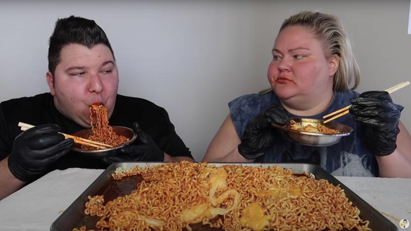 a screengrab from "Fire Noodle Challenge with Trailer Trash Tammy • MUKBANG" https://www.youtube.com/watch?v=ZcIK_b41Nlo 