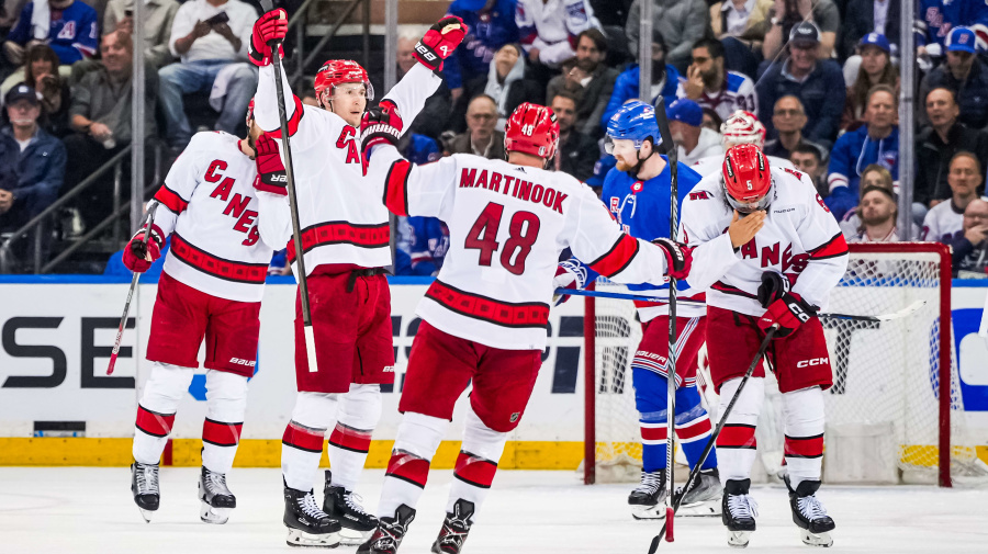 Getty Images - NEW YORK, NEW YORK- MAY 13: Martin Necas #88 of the Carolina Hurricanes celebrates with teammates after an empty-net goal during the third period against the New York Rangers in Game Five of the Second Round of the 2024 Stanley Cup Playoffs at Madison Square Garden on May 13, 2024 in New York City.  (Photo by Josh Lavallee/NHLI via Getty Images)