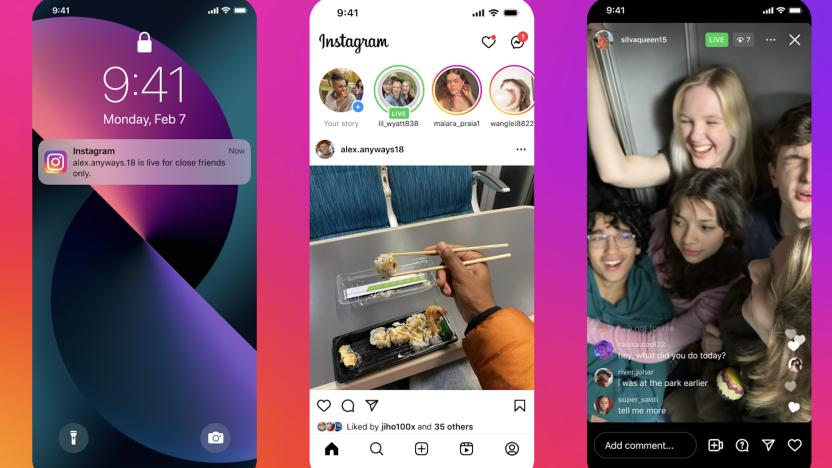 Instagram screenshots showing the Instagram Live for Close Friends feature.