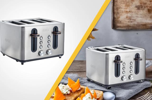 Split-screen marketing image from Amazon. Left: a silver toaster in front of a grayish-white background. Right: The same toaster in a (AI-generated) autumn scene on a table with pumpkins, leaves and a strange fork.