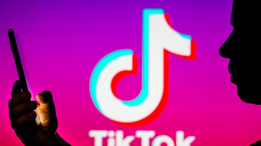 BRAZIL - 2023/04/06: In this photo illustration, a woman's silhouette holds a smartphone with the TikTok logo in the background. (Photo Illustration by Rafael Henrique/SOPA Images/LightRocket via Getty Images)