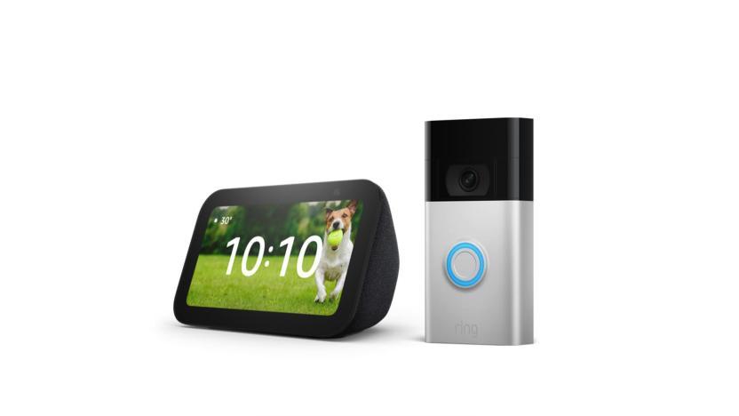 The Ring Video Doorbell and Echo Show 5 sit next to one another on a white background. 