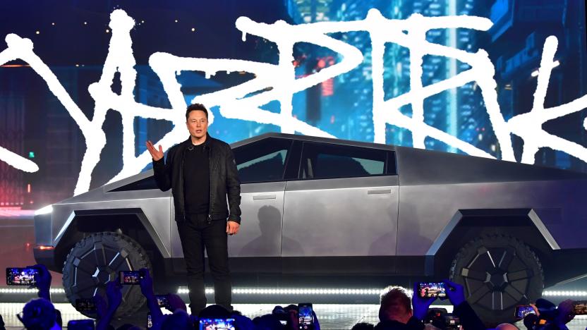 Tesla co-founder and CEO Elon Musk introduces the newly unveiled all-electric battery-powered Tesla Cybertruck at Tesla Design Center in Hawthorne, California on November 21, 2019. (Photo by Frederic J. BROWN / AFP) (Photo by FREDERIC J. BROWN/AFP via Getty Images)