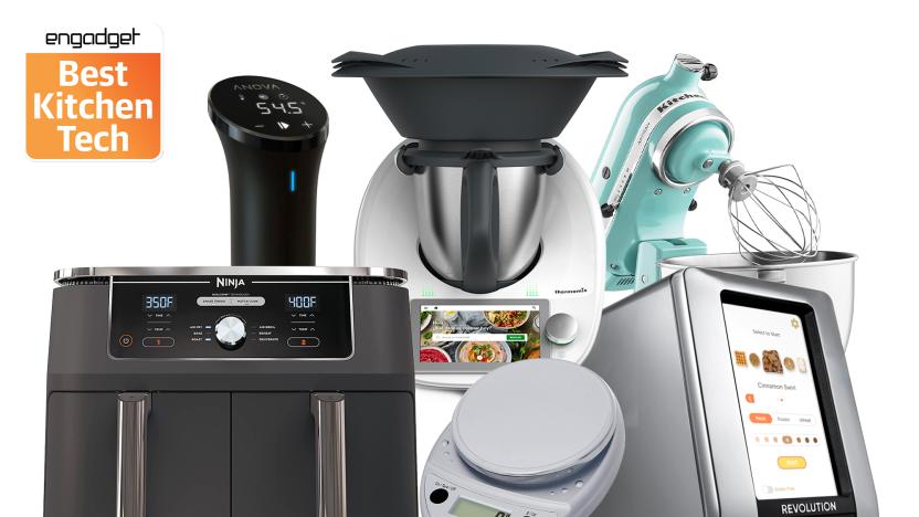 A bunch of kitchen gadgets, including an air fryer, a food scale, a sous vide machine, a smart toaster and a KitchenAid stand mixer against a white background.