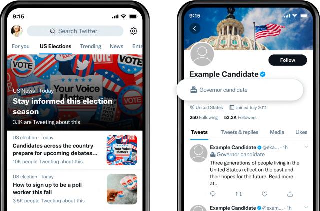 Twitter 2022 US midterm elections hub and candidate labels