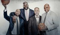 Promo still for Inside the NBA. L to R: Kenny Smith, Shaquille O'Neal, Ernie Johnson and Charles Barkley. Stylized film appearance with subtle pointillism graphics.