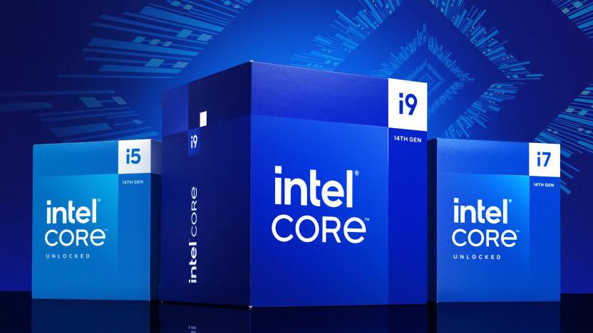 Intel marketing image, showing boxes for three of its processors. The blue cases say i5, i9 and i7, sitting in front of a blue techno-themed background.