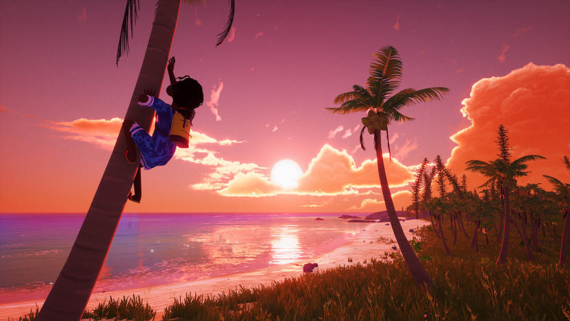 A young girl climbs a palm tree as the sun sets over the ocean in Tchia.
