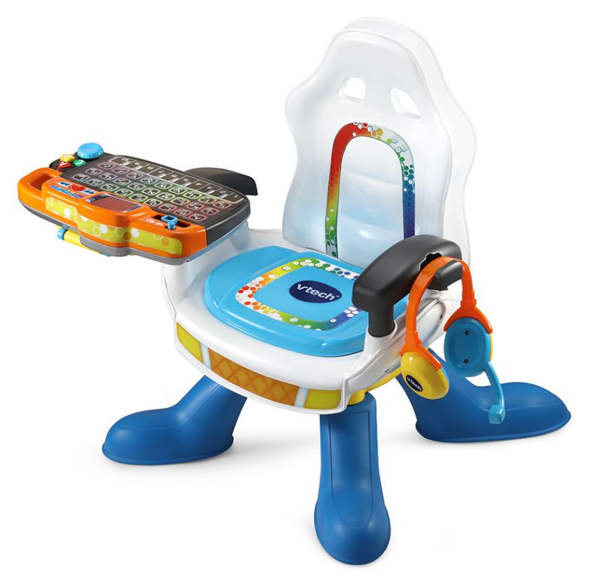 A baby-sized gaming chair with a keyboard and headset