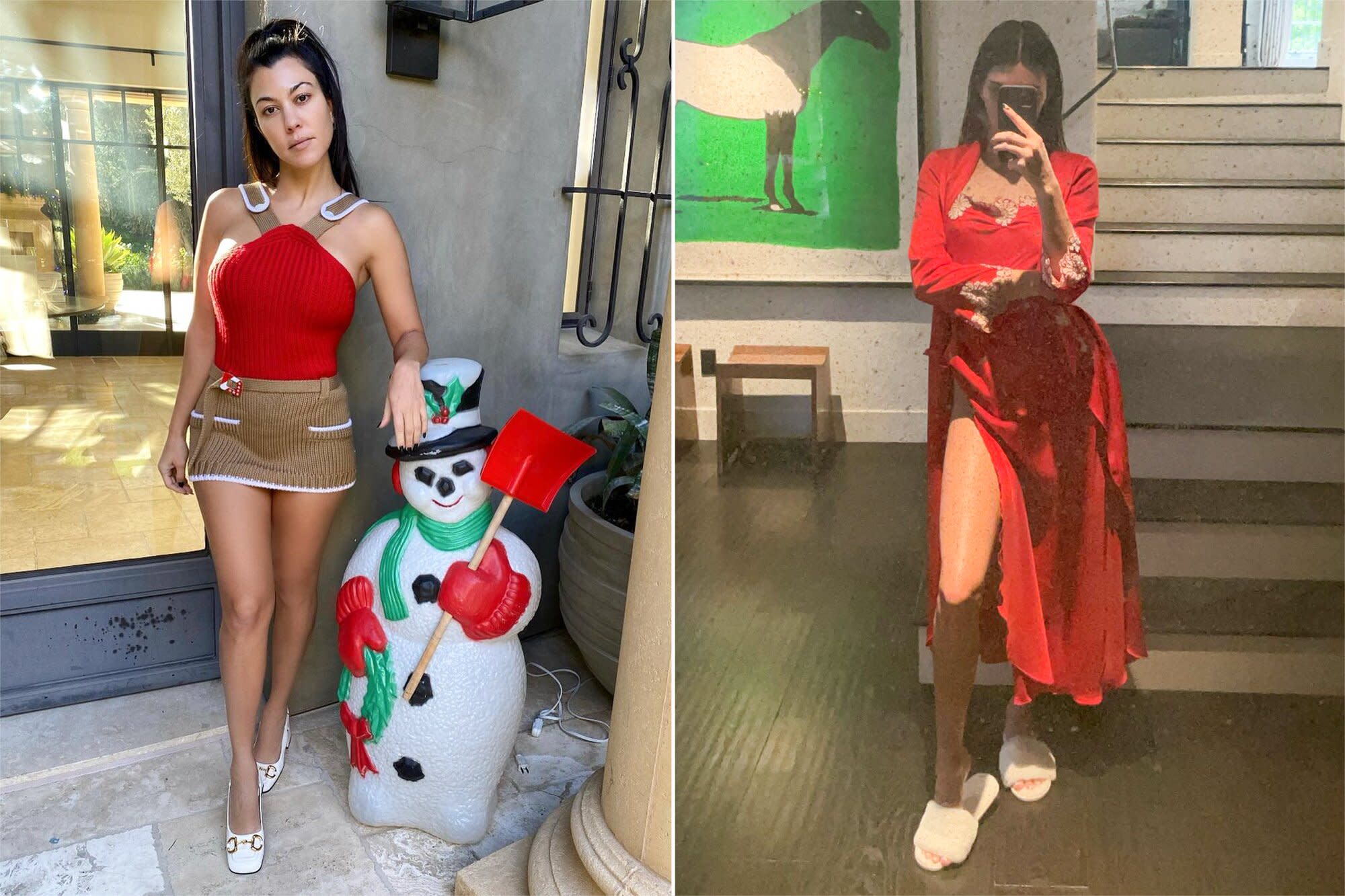 Kourtney Kardashian and Kendall Jenner show off their skin in their festive Christmas Eve looks