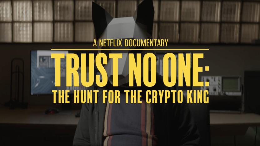 Text reading "A Netflix Documentary. Trust No One: The Hunt For The Crypto King" laid over an image of a person wearing shat appears to be a bear mask.