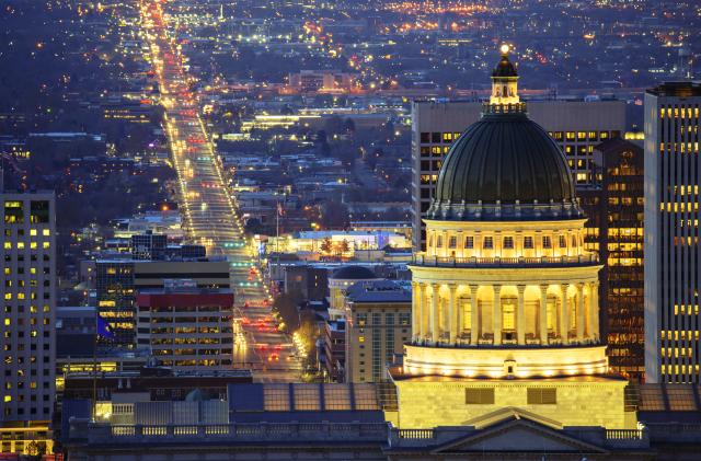 Salt Lake City and parliamentary building in evening hour