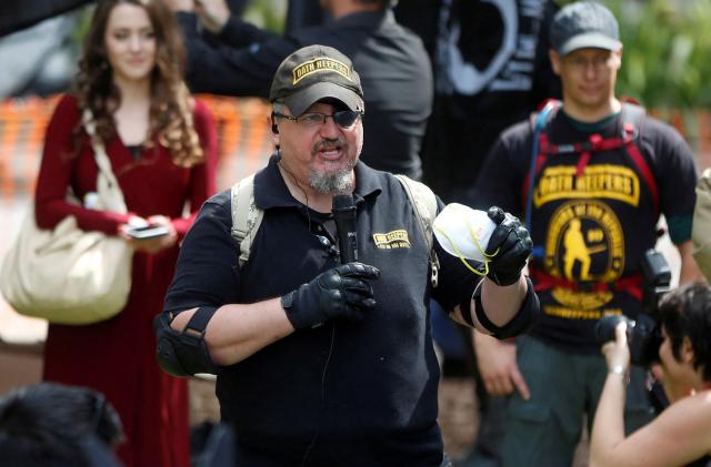 Oath Keepers founder, Stewart Rhodes, speaks during the Patriots Day Free Speech Rally in Berkeley, California, U.S. April 15, 2017. Picture taken April 15, 2017. REUTERS/Jim Urquhart