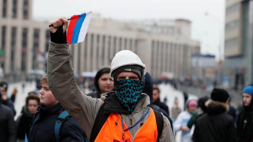 A protester attends a rally to protest against tightening state control over internet in Moscow, Russia March 10, 2019.  REUTERS/Shamil Zhumatov