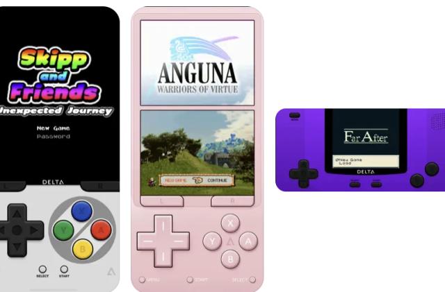 Screenshots of the Delta emulator, showing games running on emulated Nintendo devices.