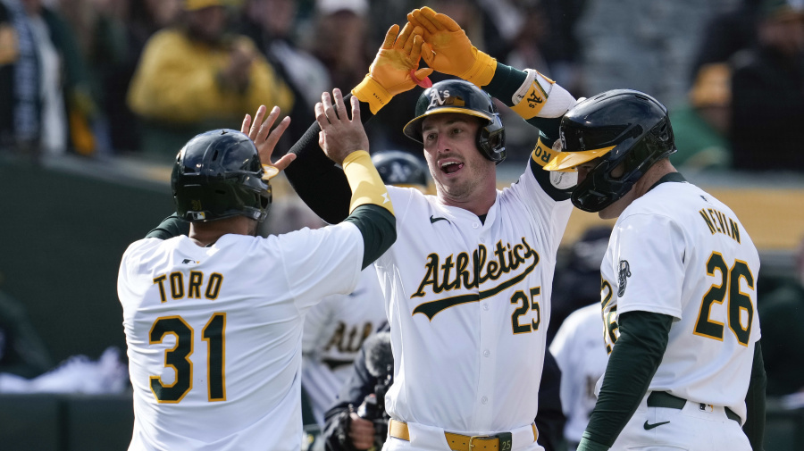 Associated Press - Oakland Athletics' Brent Rooker (25) celebrates with Abraham Toro (31) and Tyler Nevin (26) after hitting a three-run home run against the Miami Marlins during the third inning of a baseball game Saturday, May 4, 2024, in Oakland, Calif. (AP Photo/Godofredo A. Vásquez)