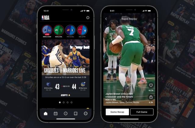 Screenshots from the redesigned NBA app, including game scores an a vertical highlight video.